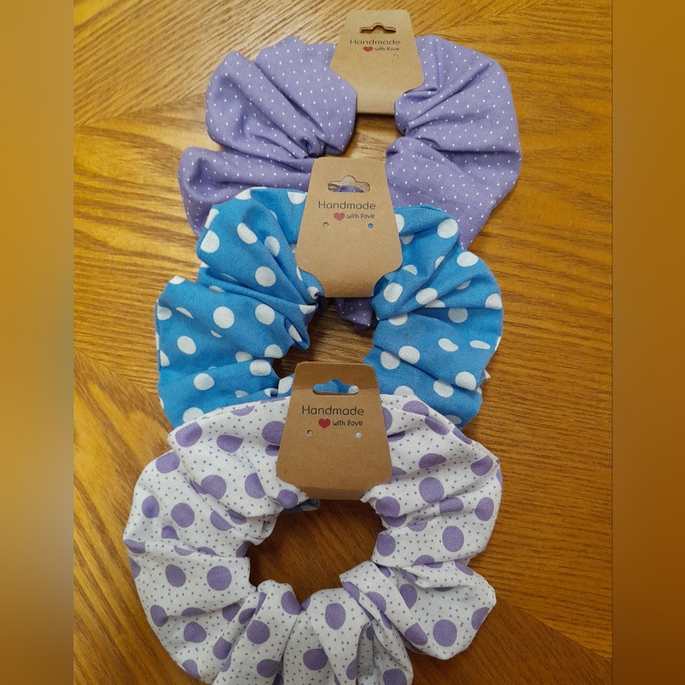 3 Polka Dot Scrunchie Set - Purple and Blue NWT Size:OS   Handmade
